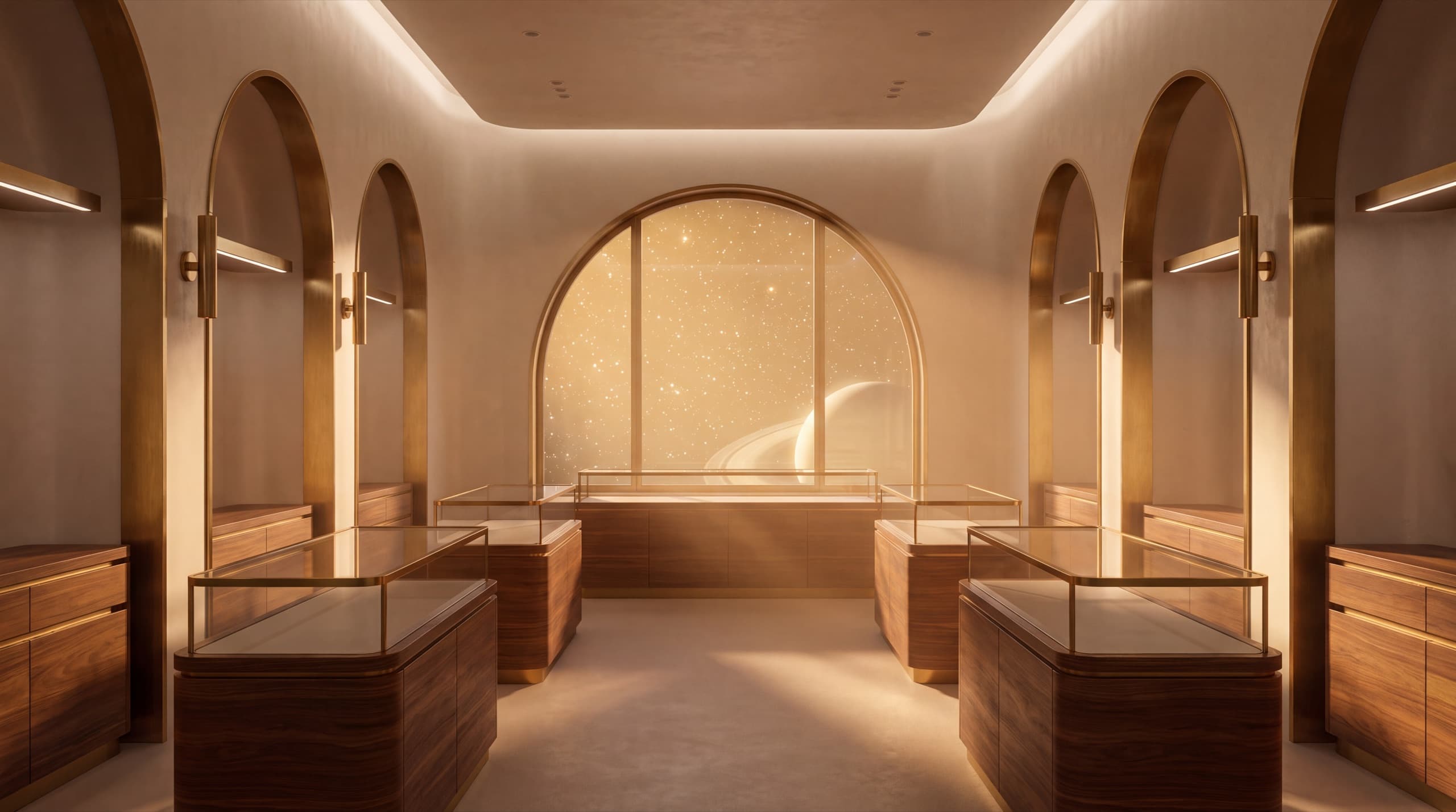 Inside the Canna Planet Monticello showroom, warm brass and cream under a golden evening light