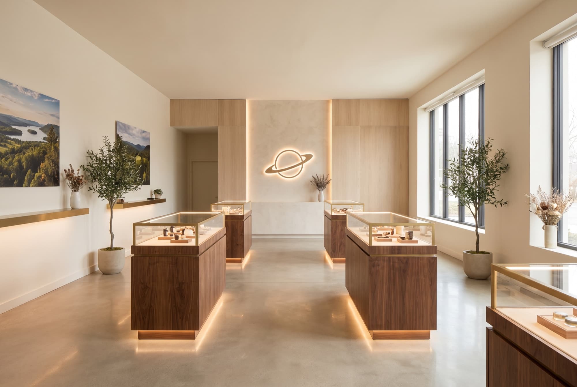 The warm, brass-appointed interior of the Canna Planet Monticello showroom